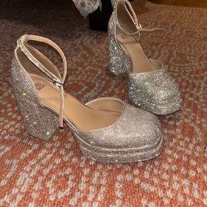 Silver Glitter Chunky Platform Heels